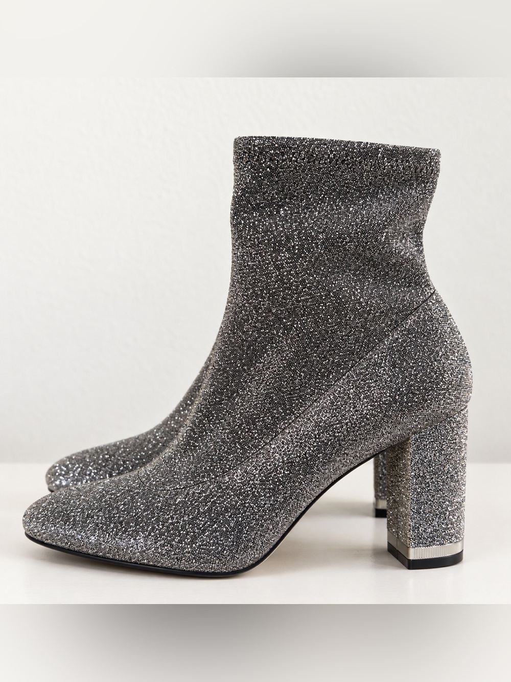 Michael Kors Silver Metallic Glitter Sock Booties Block Heel Ankle Boots Size 8